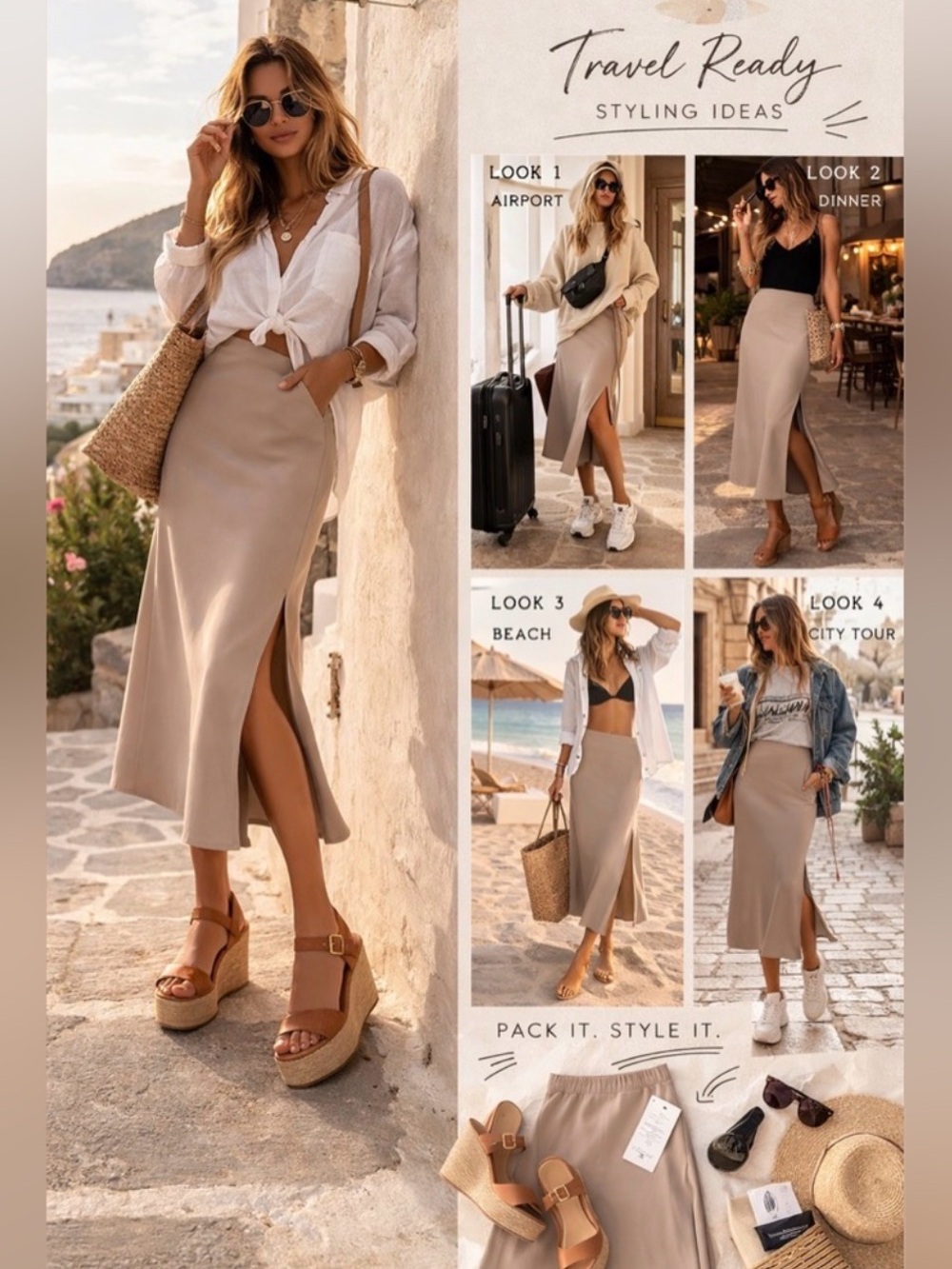 Taupe Midi Slip Skirt Side Slit Travel Resort Capsule Summer Size S NWT